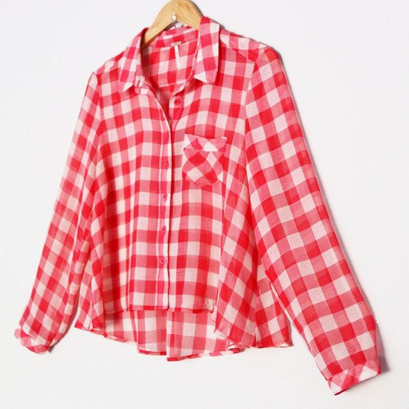Free People Red Gingham Plaid Semi Sheer Flowy Button Front Shirt Size S Airy - Picture 5 of 15